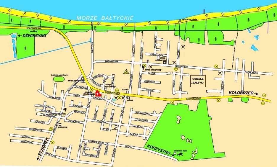 Mapa Grzybowa i okolic – plaża, ulice, atrakcje, dojazd do Kołobrzegu i Dźwirzyna